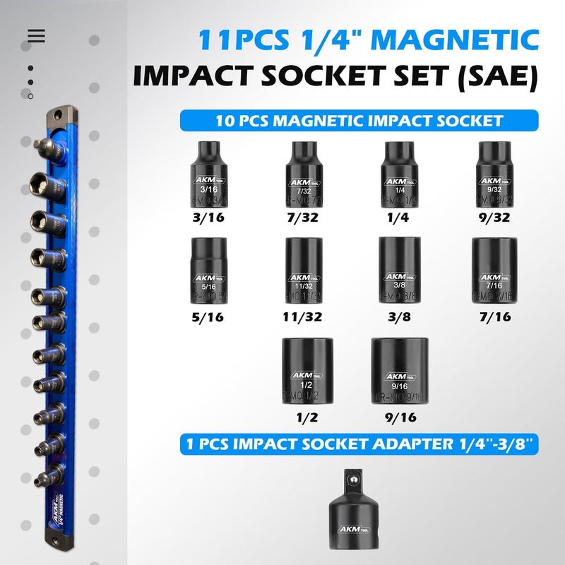 AKM TOOL 1/4 Inch Drive Magnetic Impact Socket Set, 11-Piece SAE, 7/32 Inch-9/16 Inch, 6 Point, Cr-Mo, Square Drive, Magnetic Sockets with Adapter, Rail - Image 2